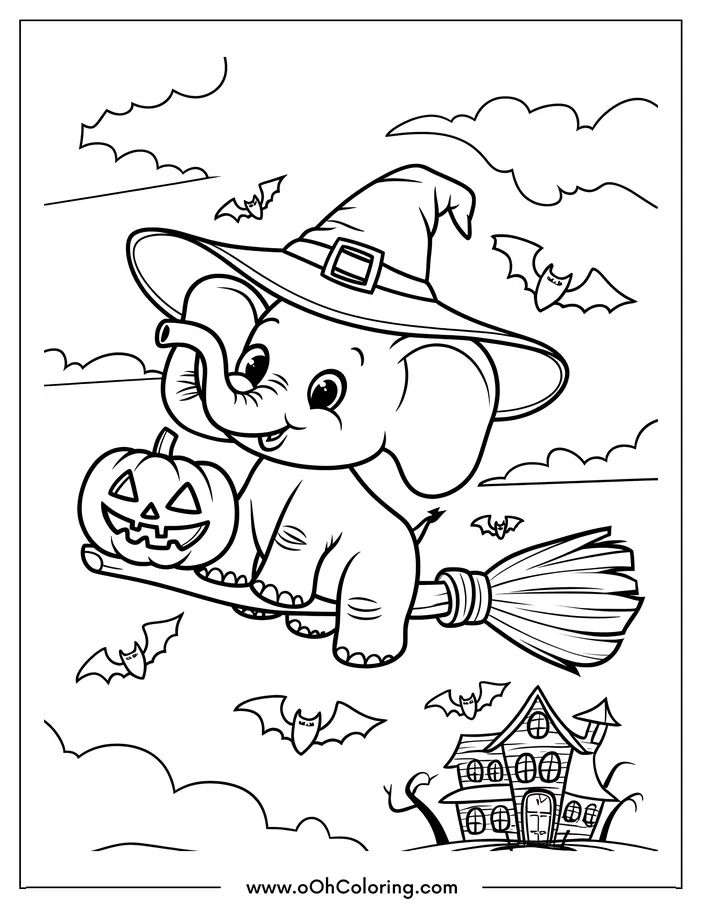 Elephant in a witch hat flying on a broomstick with a pumpkin, surrounded by bats and a haunted house.