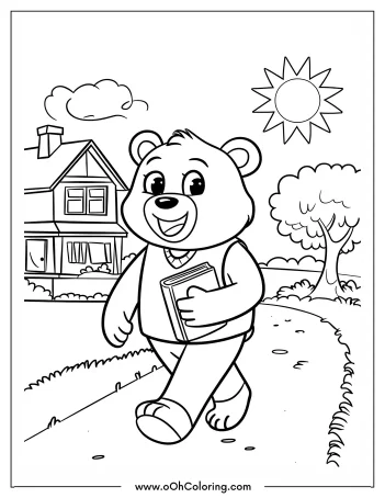 Coloring page of a happy bear holding a book, walking outside near a house and tree with the sun shining