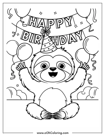 Coloring page of a sloth with a party hat, balloons, and 'Happy Birthday' banner.