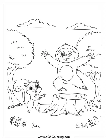 Coloring page with a happy sloth and a squirrel in a forest.