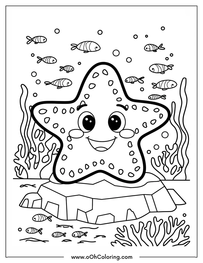 Coloring page of a happy starfish with fish and underwater plants.
