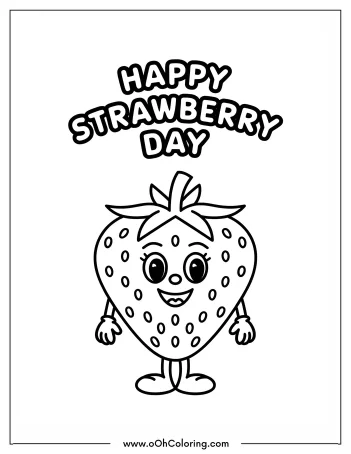 Strawberry character with 'Happy Strawberry Day' text for coloring