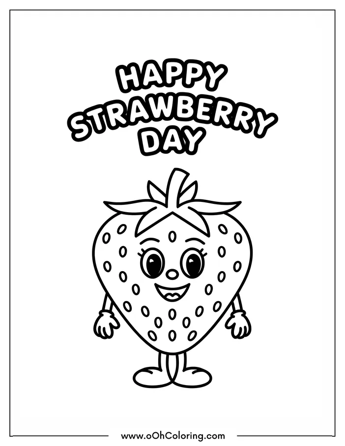 Strawberry character with 'Happy Strawberry Day' text for coloring