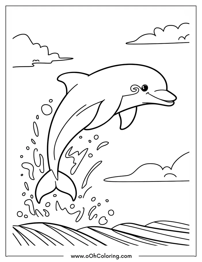 A dolphin jumping out of the ocean with water splashes and clouds.