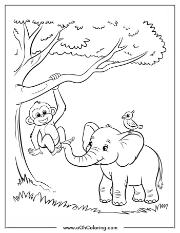 A monkey on a tree branch, an elephant, and a bird in a jungle scene for coloring.