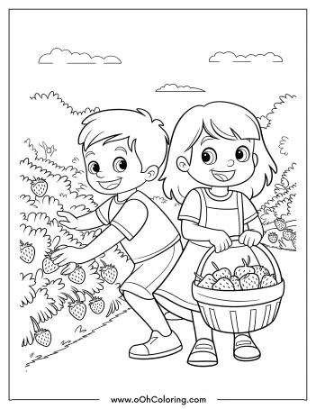 Children picking strawberries in a garden coloring page.