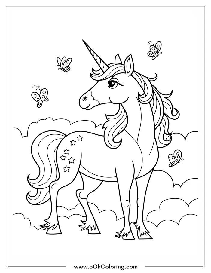 Unicorn with butterflies in a cloud setting coloring page