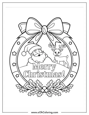 Coloring page with Santa and reindeer in a wreath, saying Merry Christmas.