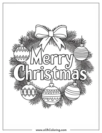 Coloring page with 'Merry Christmas' text, ornaments, and wreath.