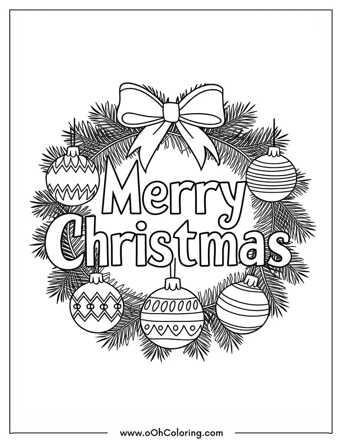 Coloring page with 'Merry Christmas' text, ornaments, and wreath.