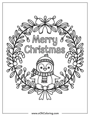Coloring page of a penguin in a Christmas wreath with 'Merry Christmas' text.