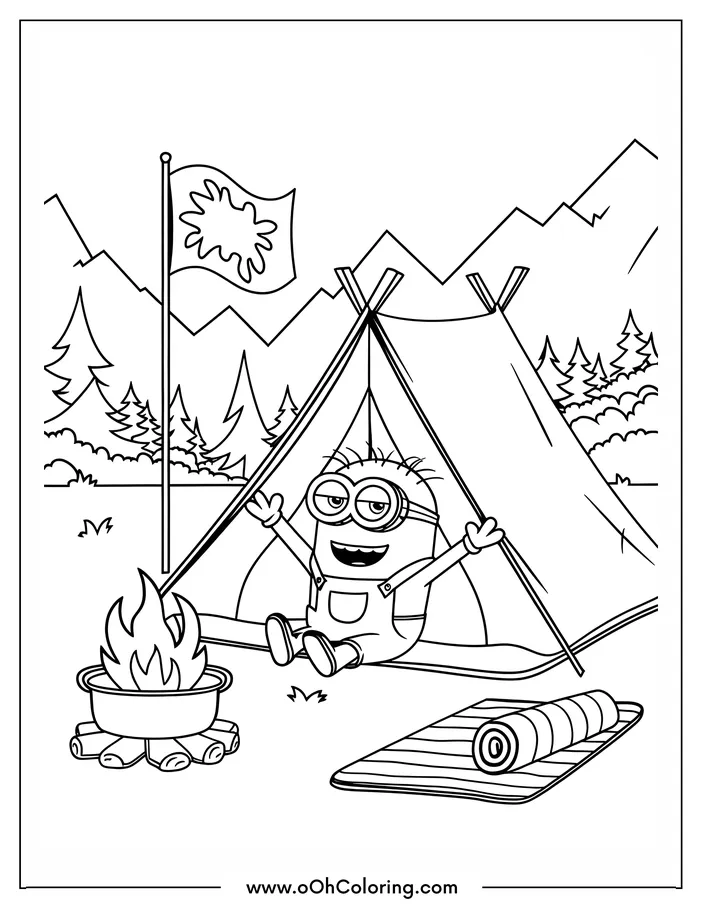 Minion sitting by a tent and campfire in a mountain setting.