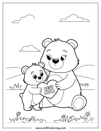 Coloring page of a mother and baby bear holding a heart with 'Best Mom'.