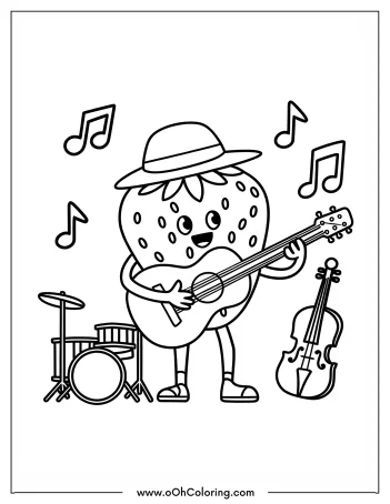 Cartoon strawberry playing guitar with drum set and violin.