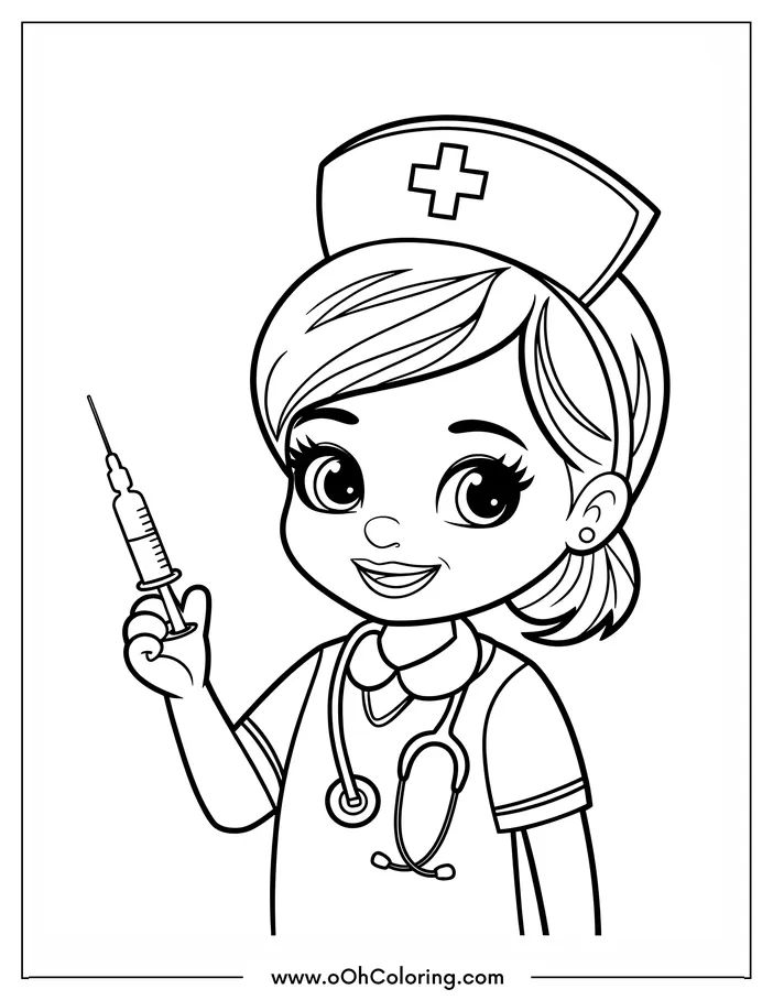 Coloring page of a nurse holding a syringe.