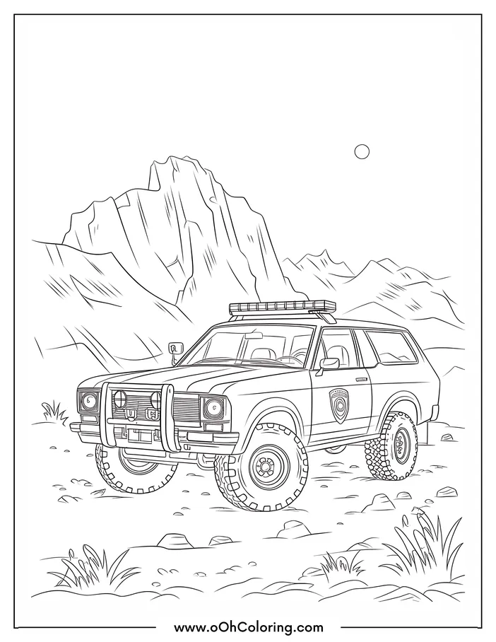 Coloring page of an off-road police vehicle with mountains in the background.