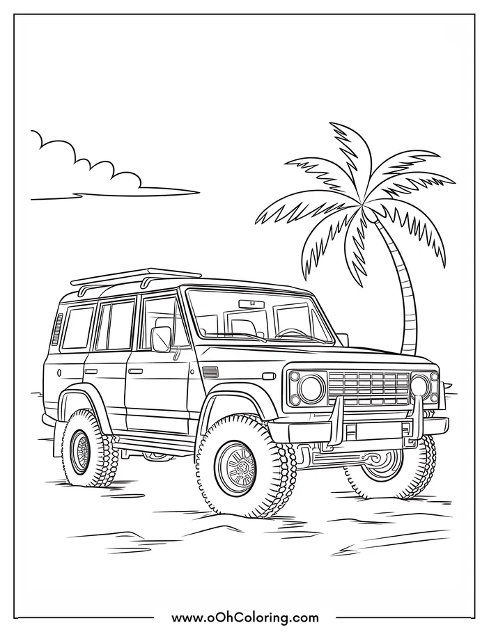 Coloring page of an off-road SUV on a beach with a palm tree.