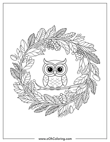 Coloring page of an owl sitting on a branch encircled by a leafy wreath.