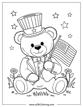 Teddy bear with top hat holding an American flag coloring page.