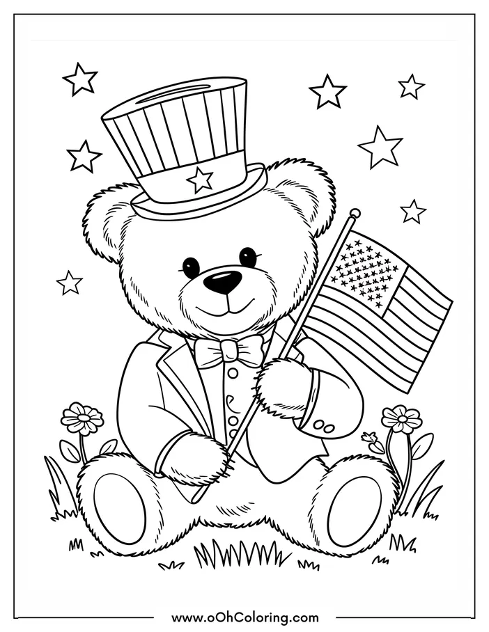 Teddy bear with top hat holding an American flag coloring page.