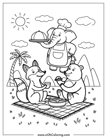 Elephant chef serves fox and bear at a picnic on a sunny day.