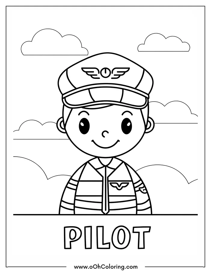 Coloring page of a smiling pilot in uniform with clouds in the background.