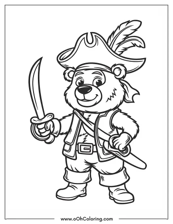 Cute bear dressed as a pirate with a hat and sword.