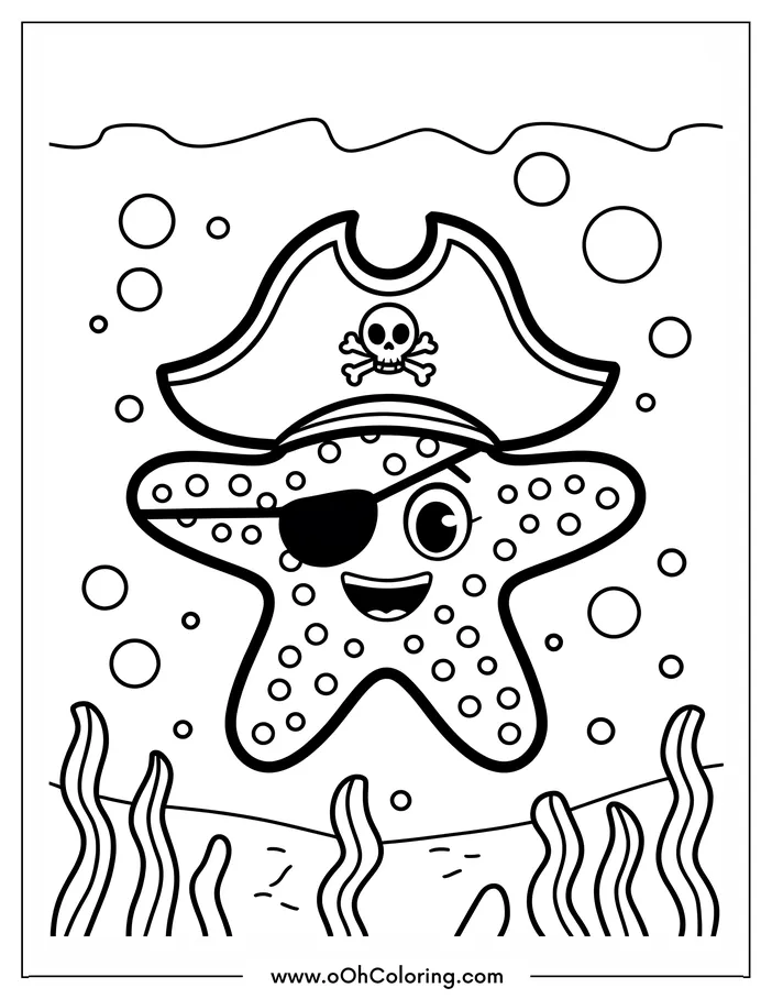 Starfish with a pirate hat and eye patch under the sea.