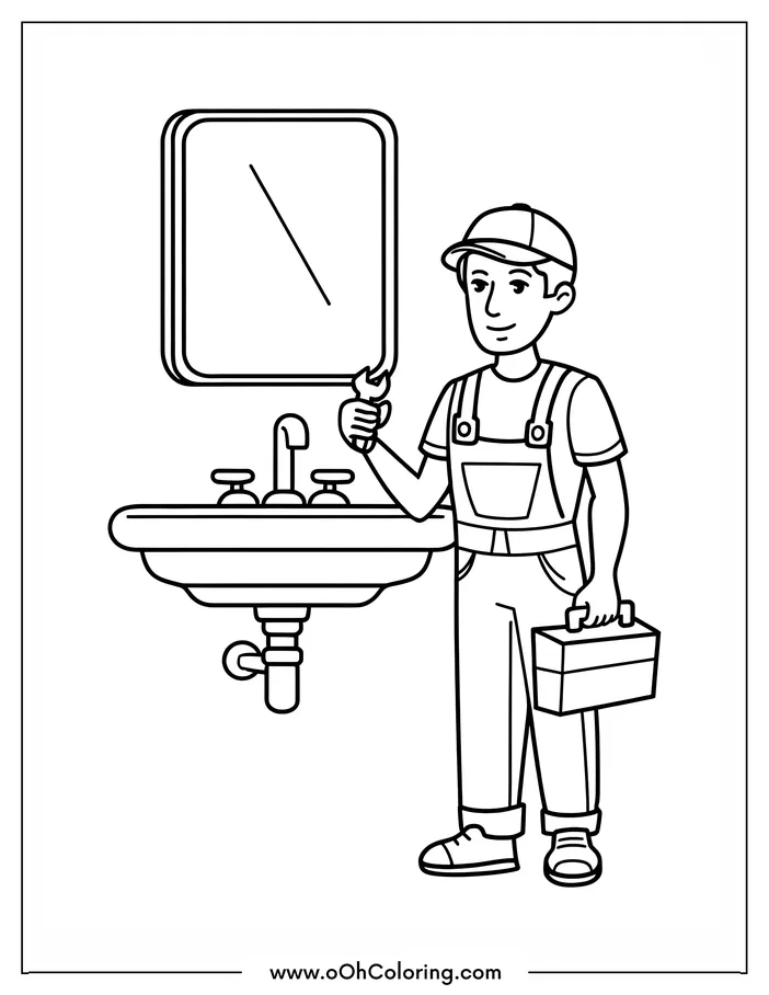 A plumber standing next to a sink with a wrench and toolbox.
