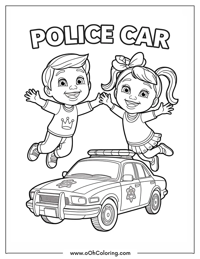 Police cars driving on a winding road coloring page