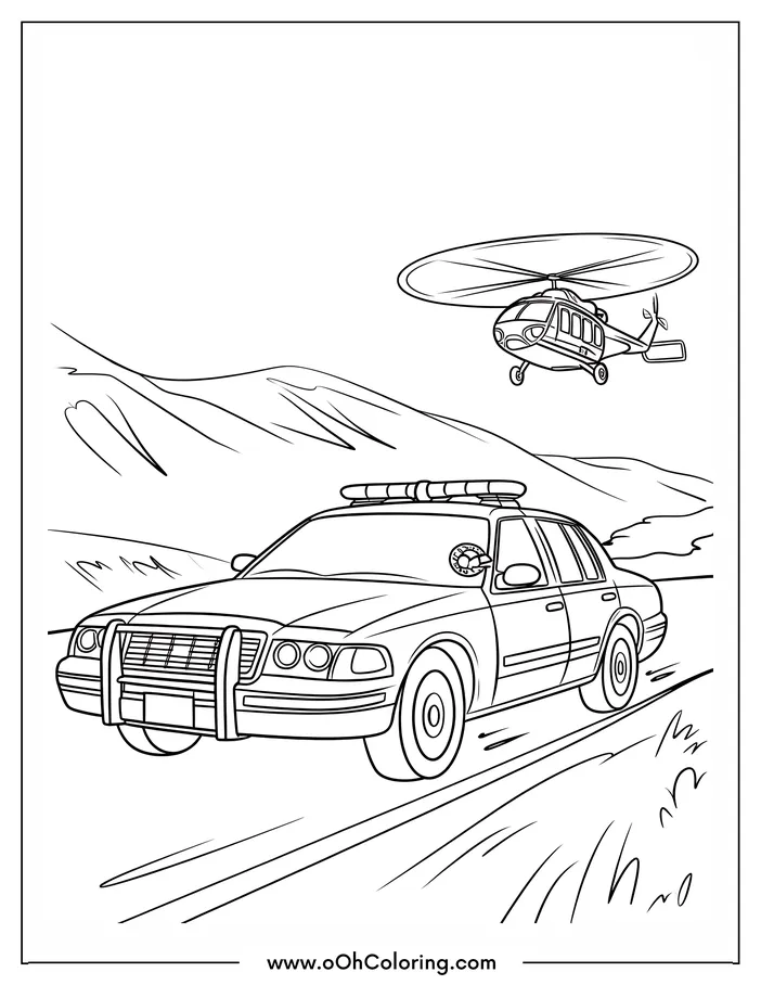 Police car driving on a road with a helicopter above.