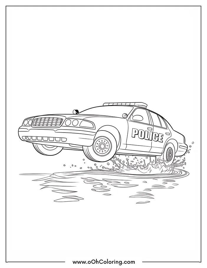 A police car speeding through a puddle, coloring page.