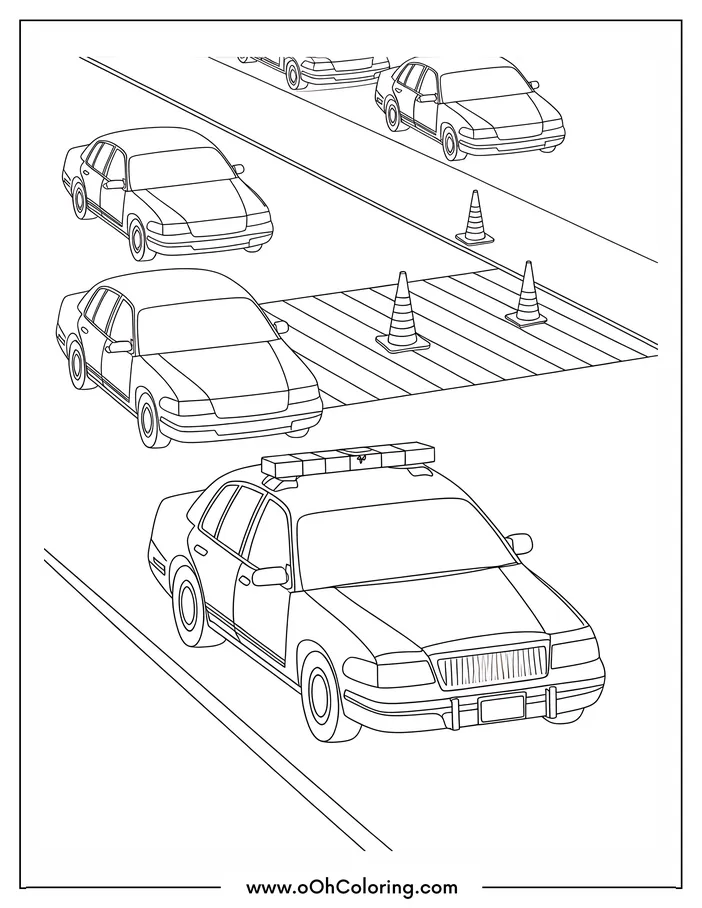 Coloring page with a police car, other vehicles, and traffic cones on a road.