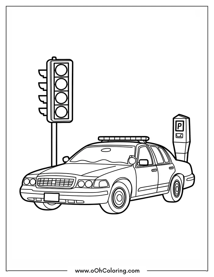 Police car with a traffic light and parking meter coloring page.