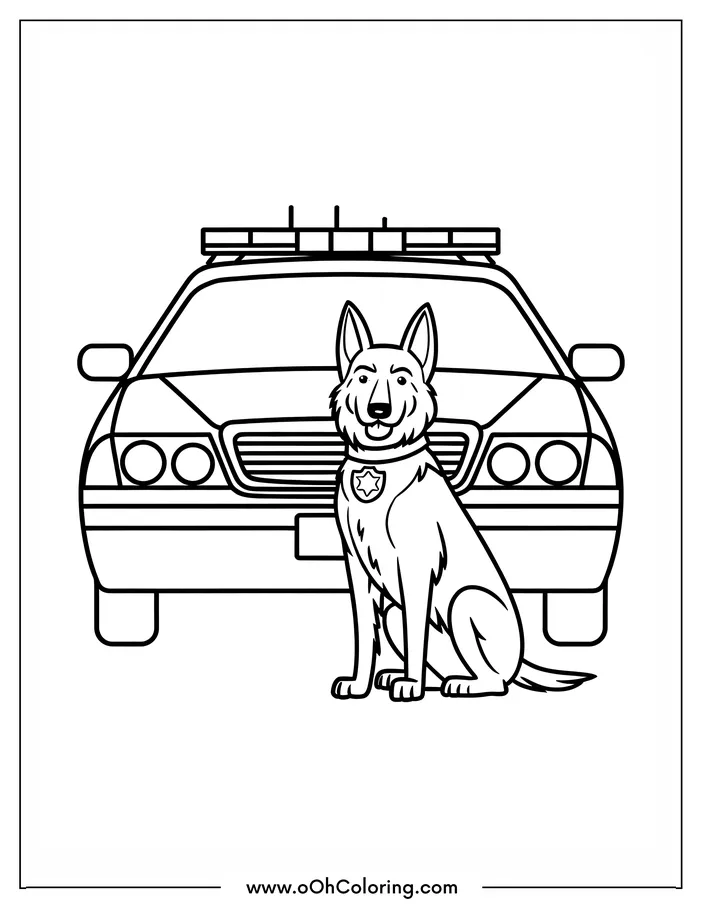 Coloring page with a police dog sitting in front of a police car.