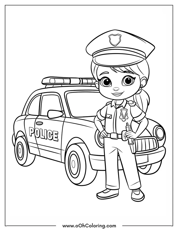 Coloring page of a police officer standing next to a patrol car.