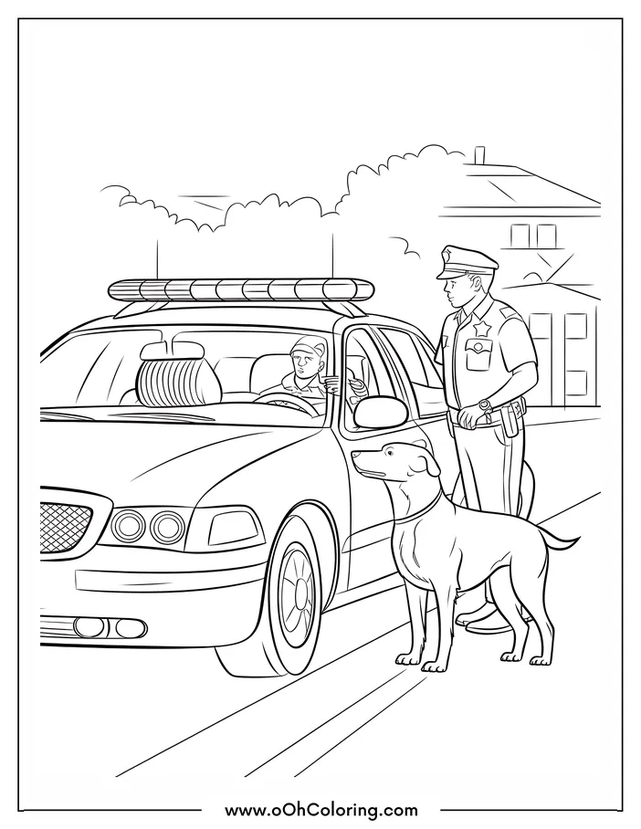 Coloring page with a police officer, police car, and a dog checking a driver.