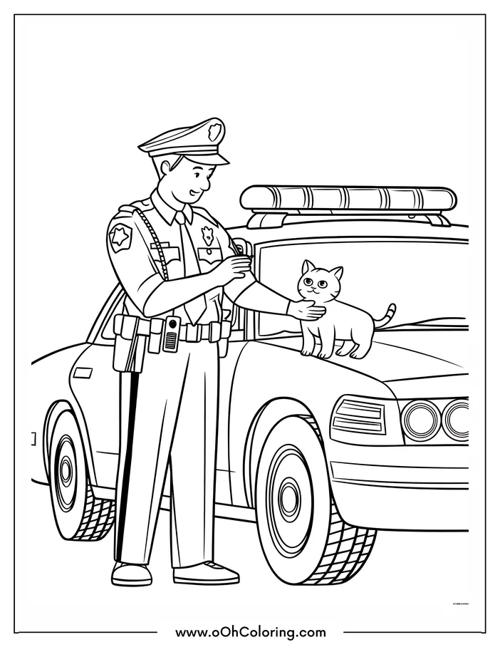 Police officer petting a cat on a police car coloring page