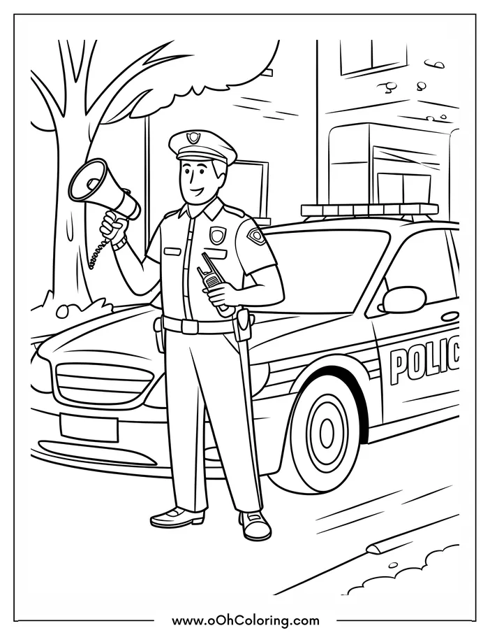 Police officer with a megaphone in front of a police car coloring page.