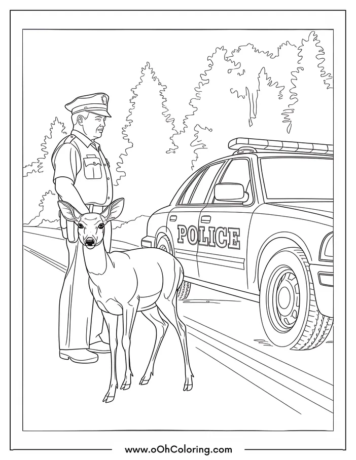 Police officer and deer with police car in the background coloring page.