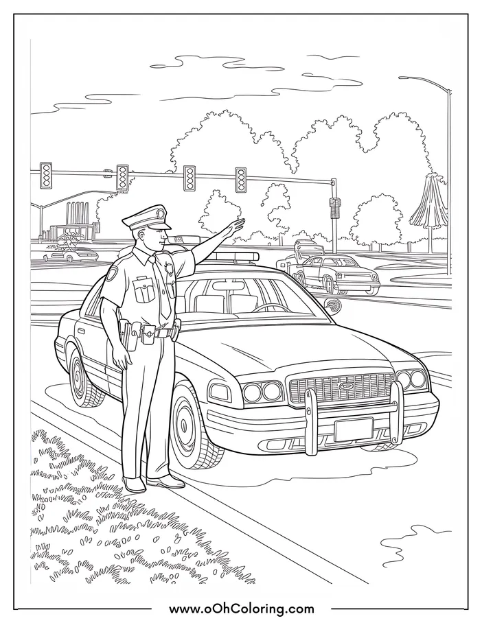 Coloring page showing a police officer directing traffic with a police car in the background.