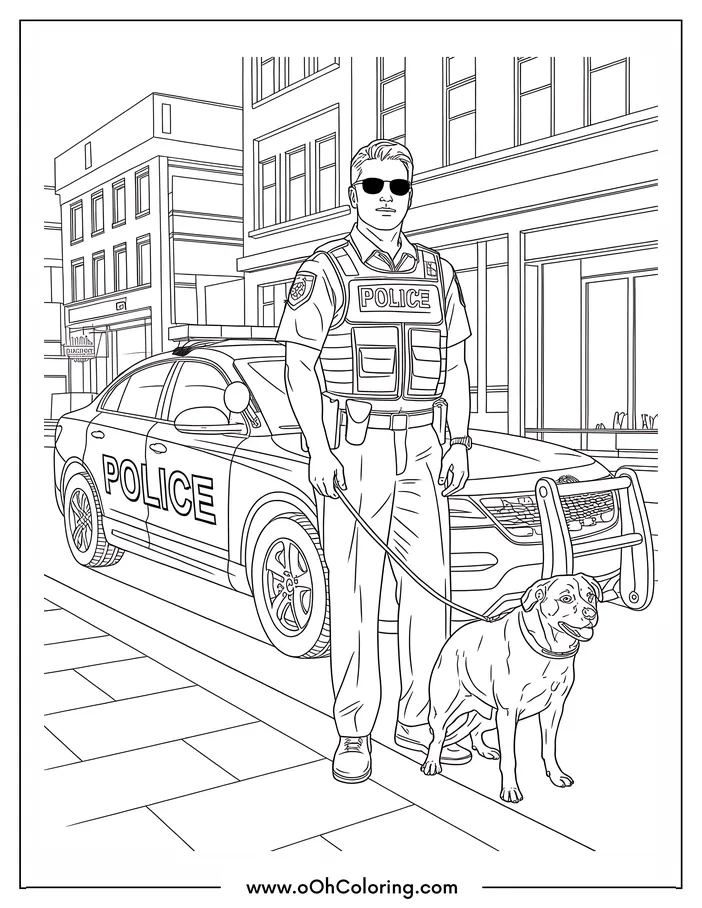 Police officer with sunglasses and a police dog on a leash in front of a patrol car.