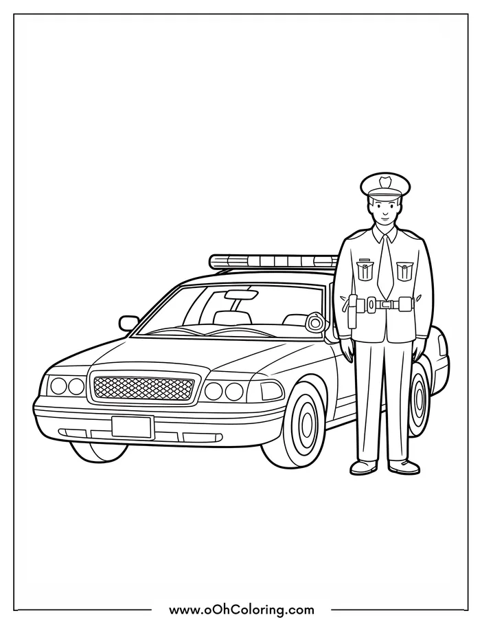 Police officer standing next to a patrol car coloring page.