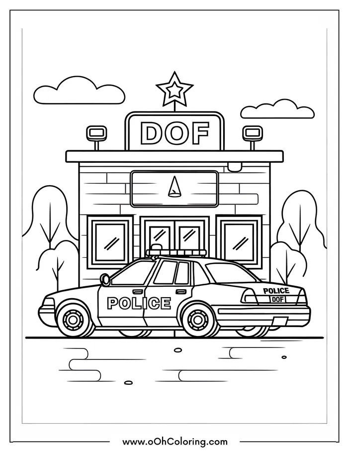 Coloring page of a police station with a police car and trees.
