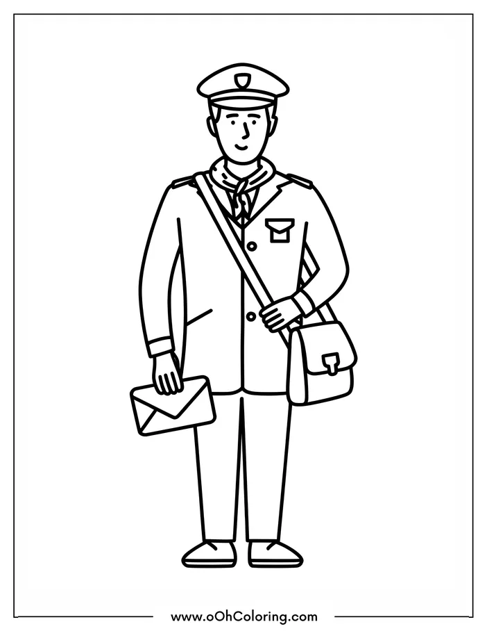 Postman coloring page with a uniformed mail carrier holding a letter and mailbag.