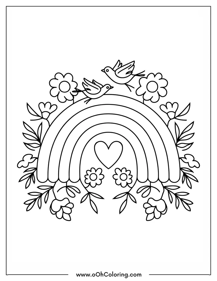 Rainbow with birds and flowers coloring page