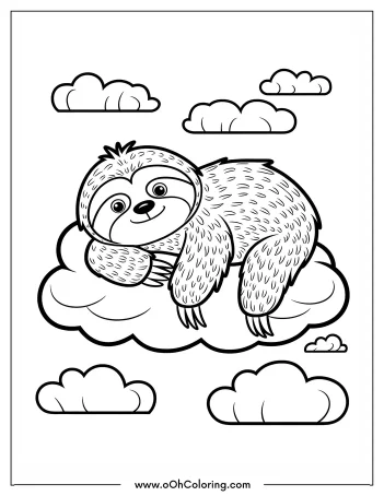 Sloth resting on a cloud, surrounded by smaller clouds.
