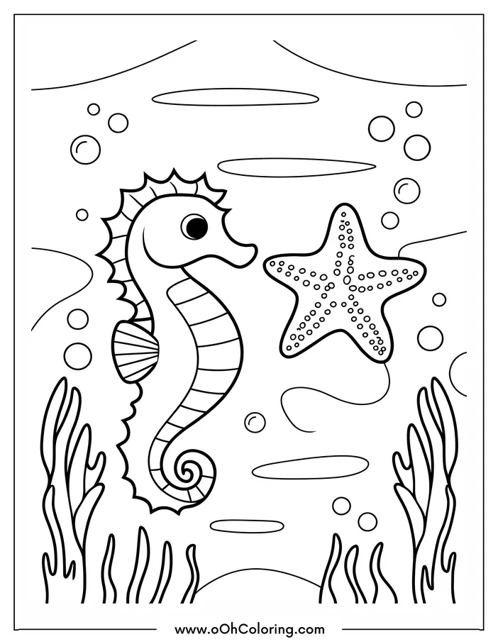 Coloring page of a seahorse and starfish underwater with bubbles and seaweed.