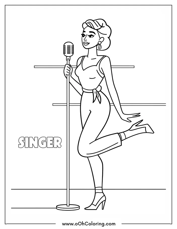 Coloring page of a singer with a vintage microphone.
