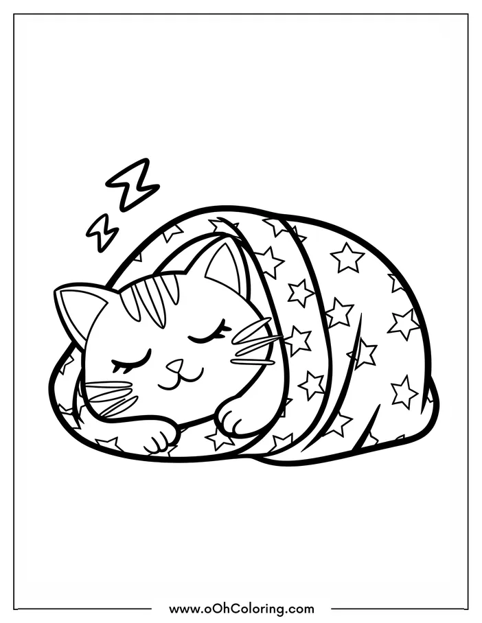 A coloring page of a sleeping cat wrapped in a starry blanket